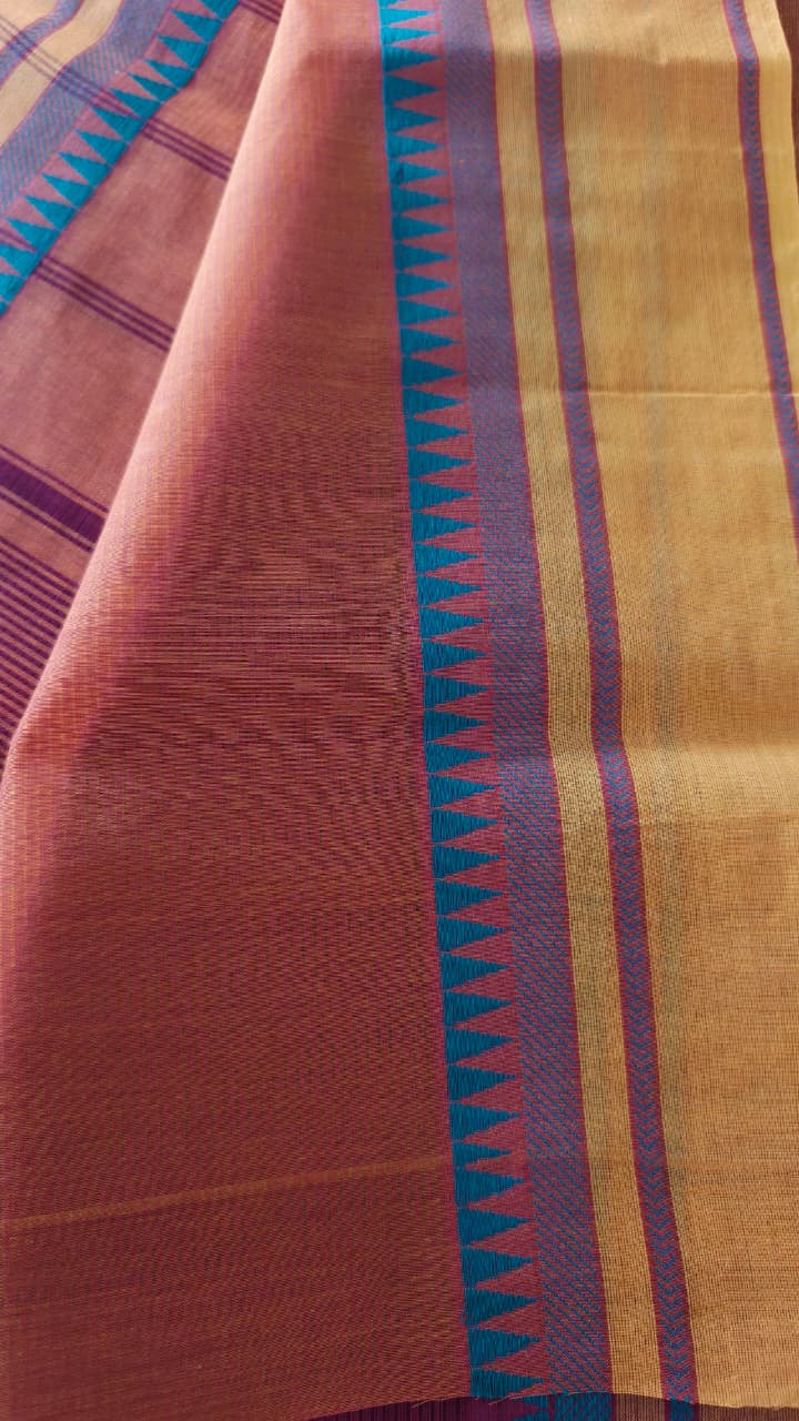 Pure Cotton Rust Orange Saree with Maroon Body & Teal Contrast Border