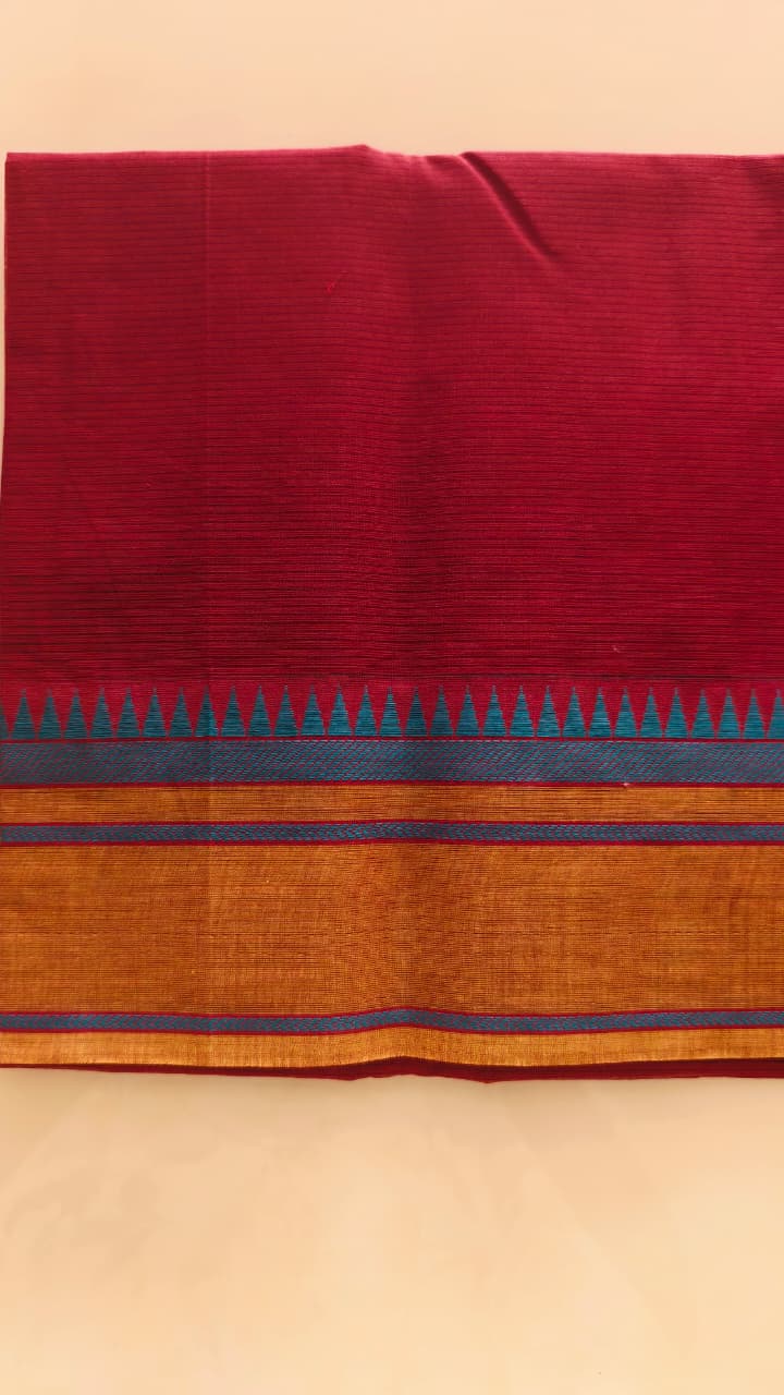 Pure Cotton Rust Orange Saree with Maroon Body & Teal Contrast Border