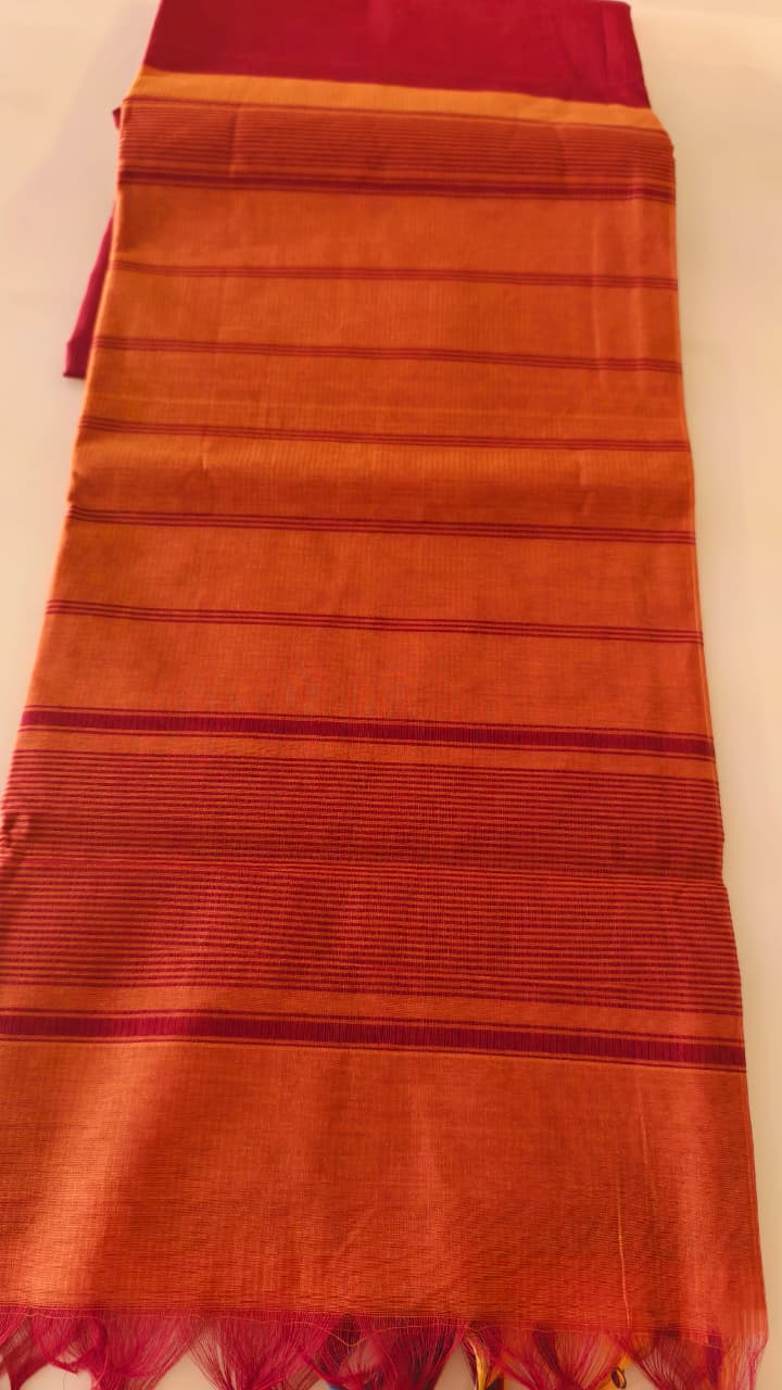 Pure Cotton Rust Orange Saree with Maroon Body & Teal Contrast Border
