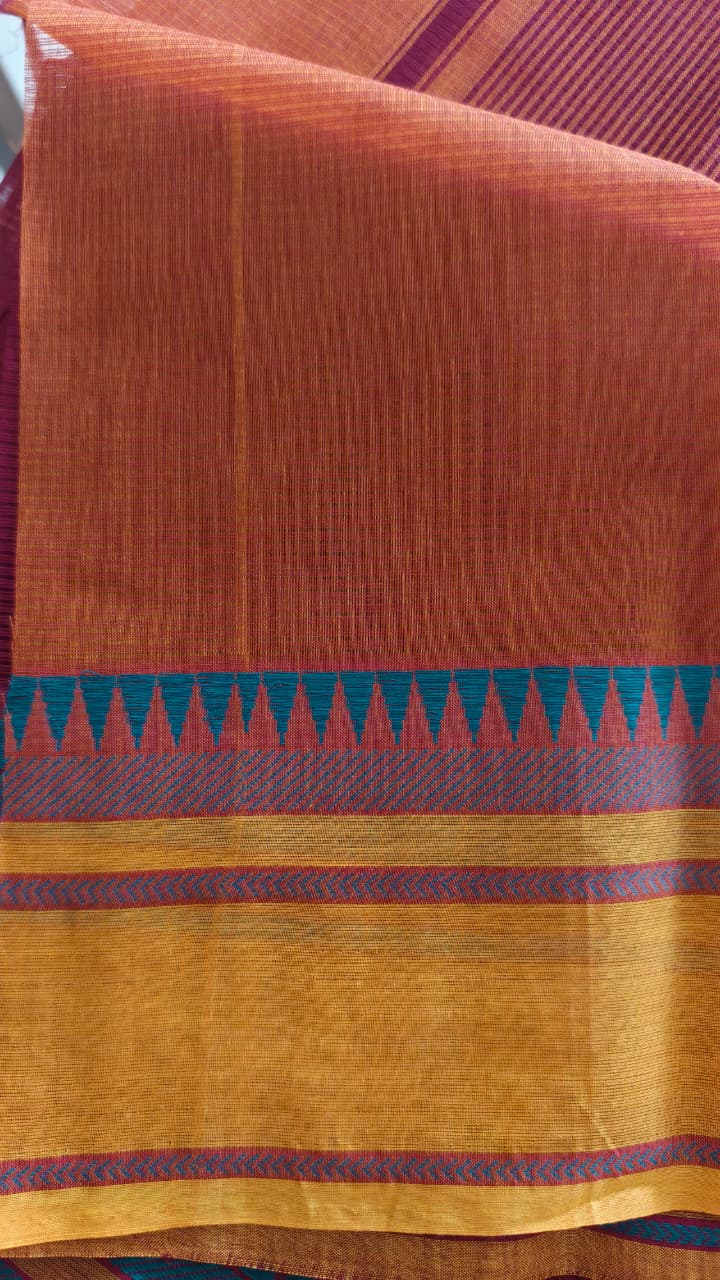 Pure Cotton Rust Orange Saree with Maroon Body & Teal Contrast Border