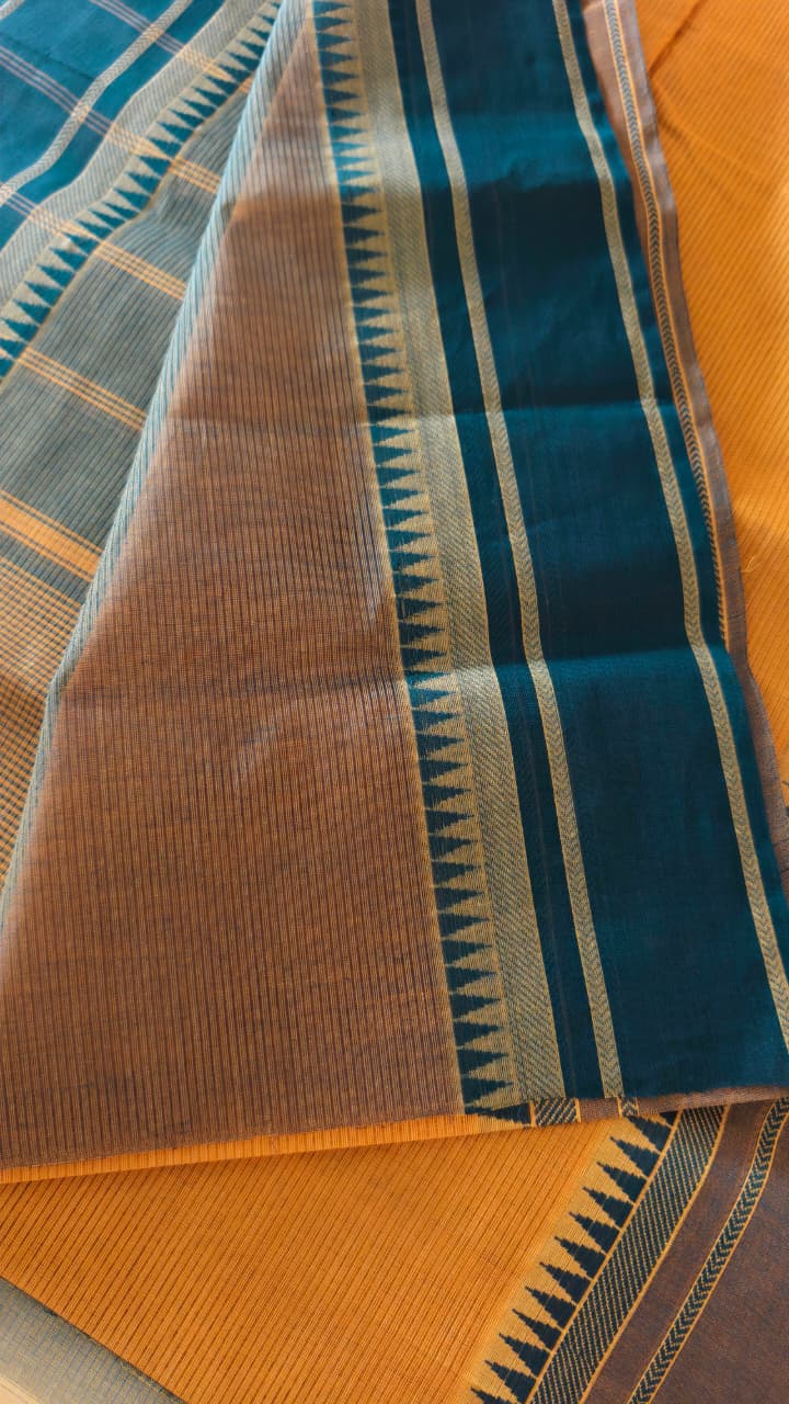 Pure Cotton Yellow Saree with Teal Blue & Charcoal Woven Stripes