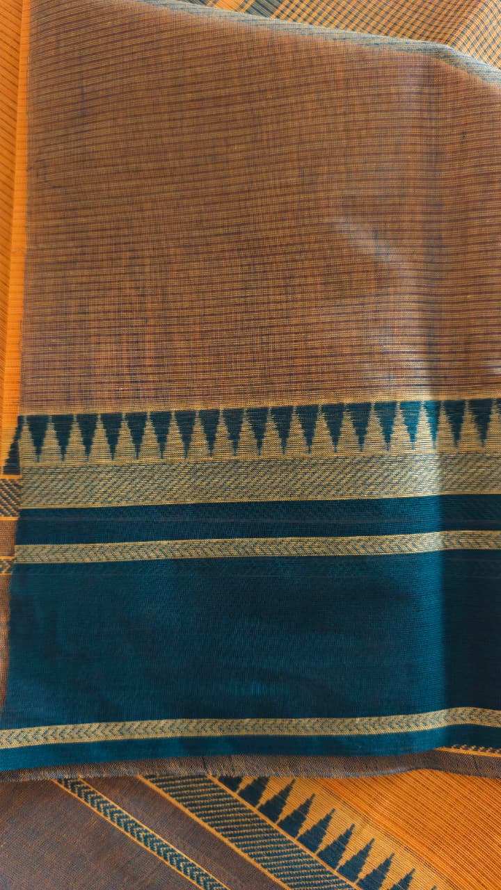 Pure Cotton Yellow Saree with Teal Blue & Charcoal Woven Stripes