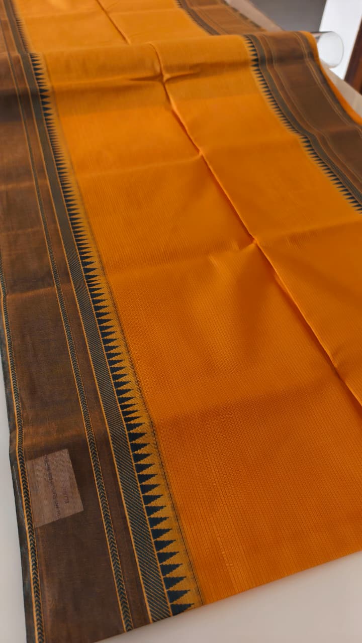 Pure Cotton Yellow Saree with Teal Blue & Charcoal Woven Stripes