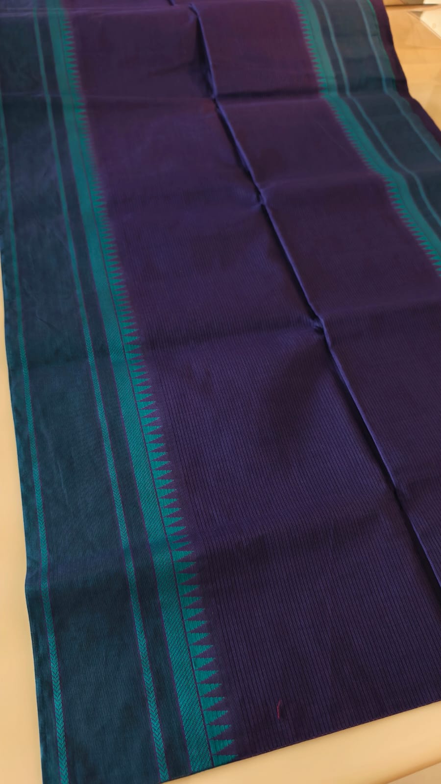 Pure Cotton  Deep Purple and Teal blue border Saree with Fine Checks & Contrast blouse