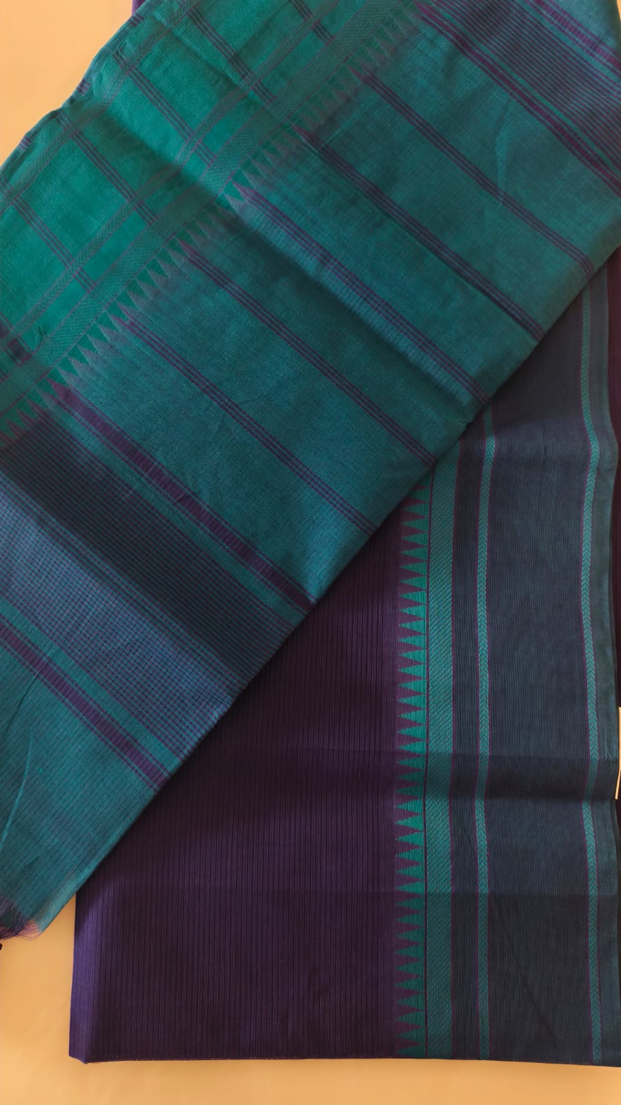 Pure Cotton  Deep Purple and Teal blue border Saree with Fine Checks & Contrast blouse
