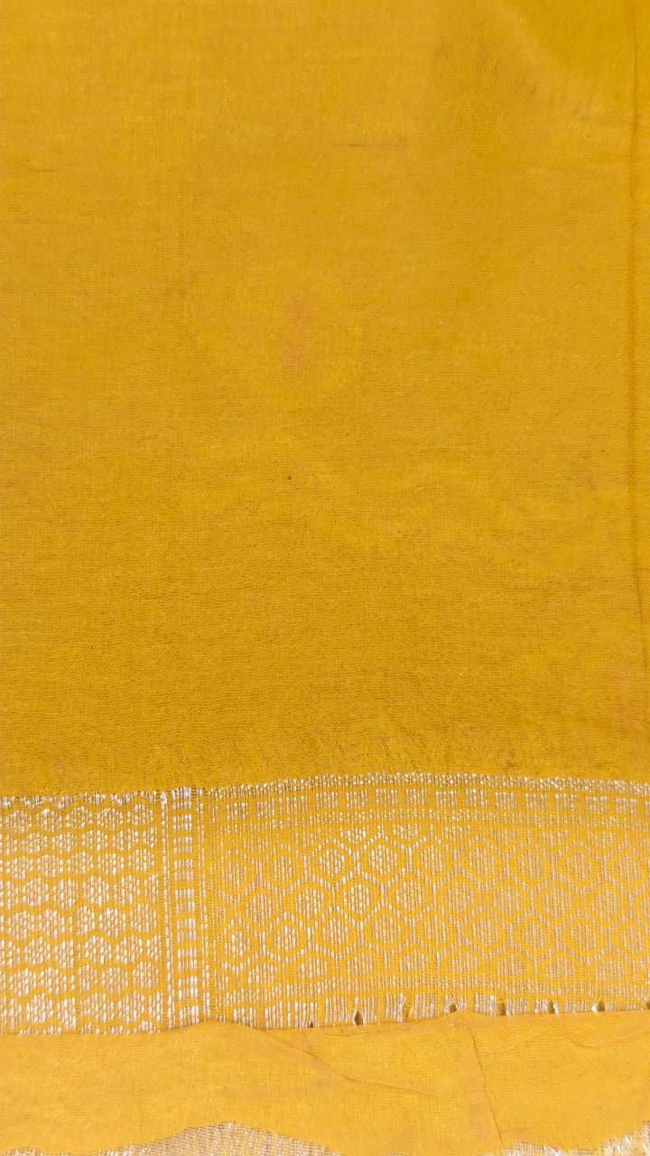 A luxurious Banarasi viscose silk saree in a rich mustard-gold shade, featuring intricate all-over Minakari weaving with delicate pink and green accent