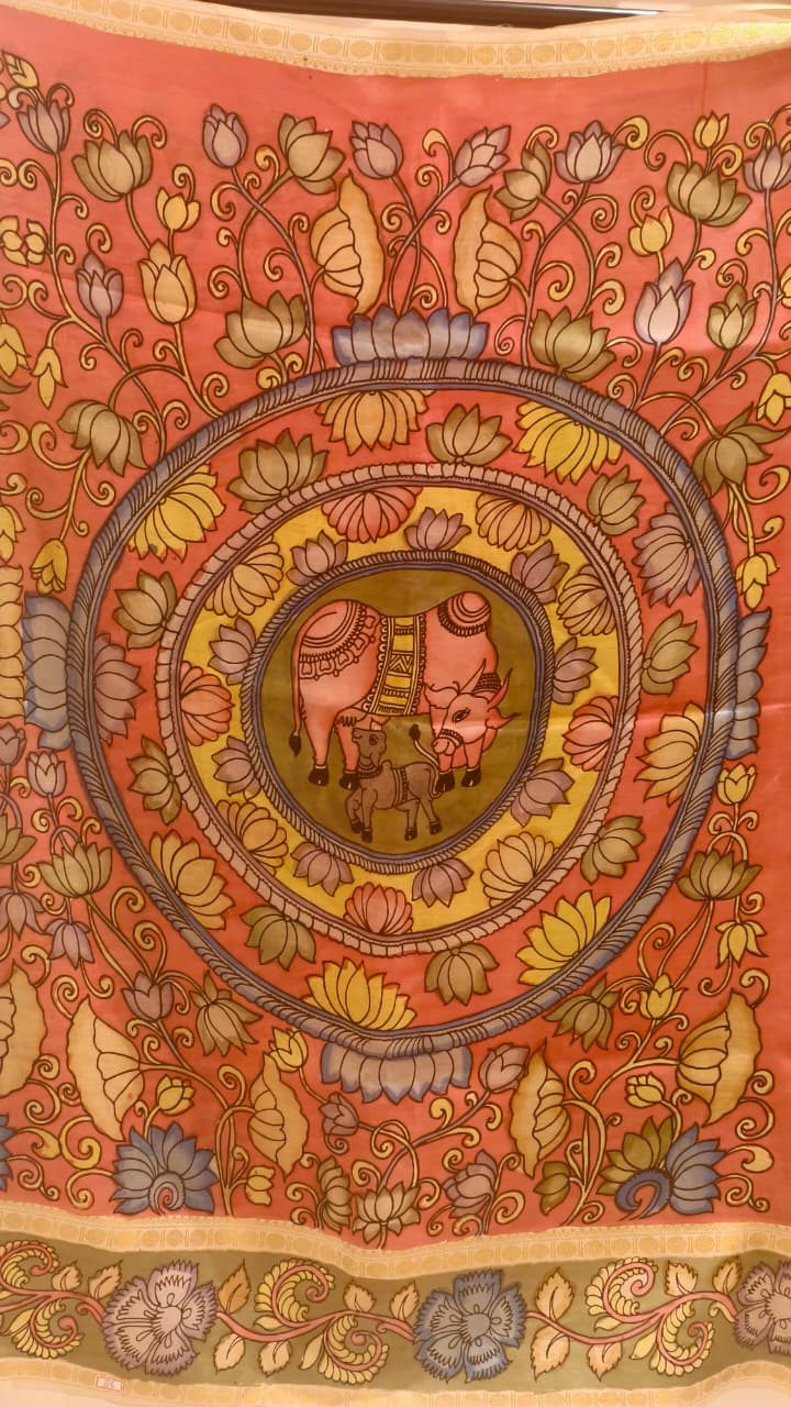 Hand-Painted Kalamkari on Bangalore Silk – Sacred Cow & Calf Motif