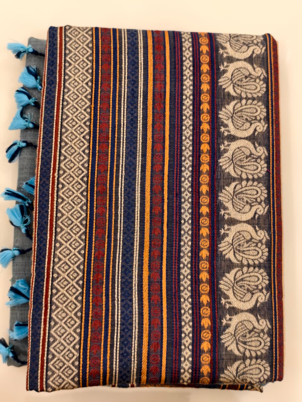 Slate Blue Cotton Saree – Traditional Woven Border