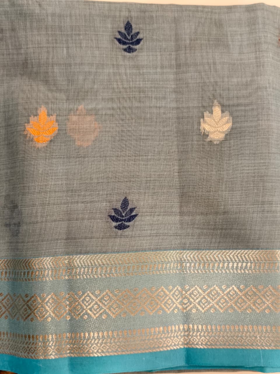Slate Blue Cotton Saree – Traditional Woven Border