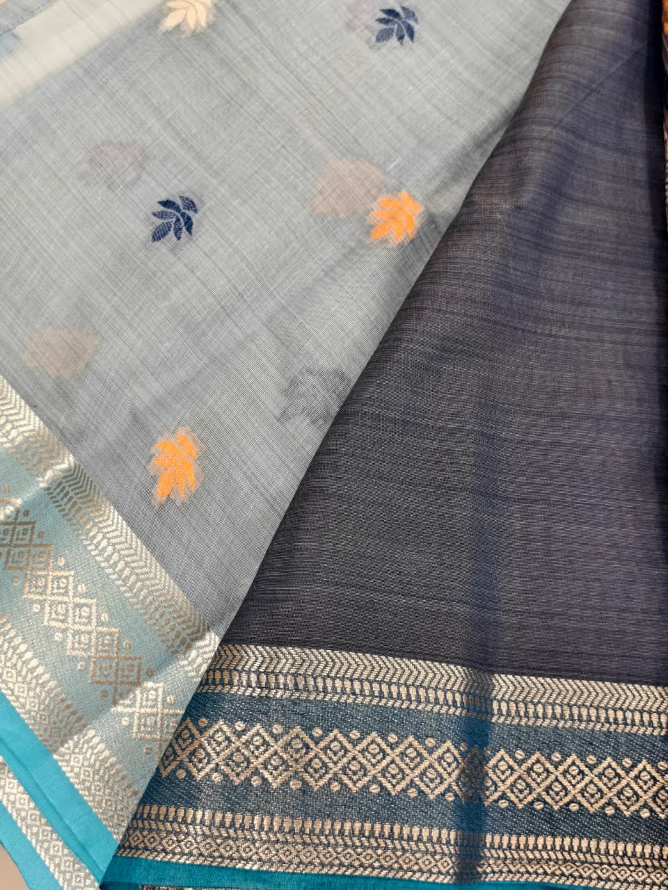 Slate Blue Cotton Saree – Traditional Woven Border