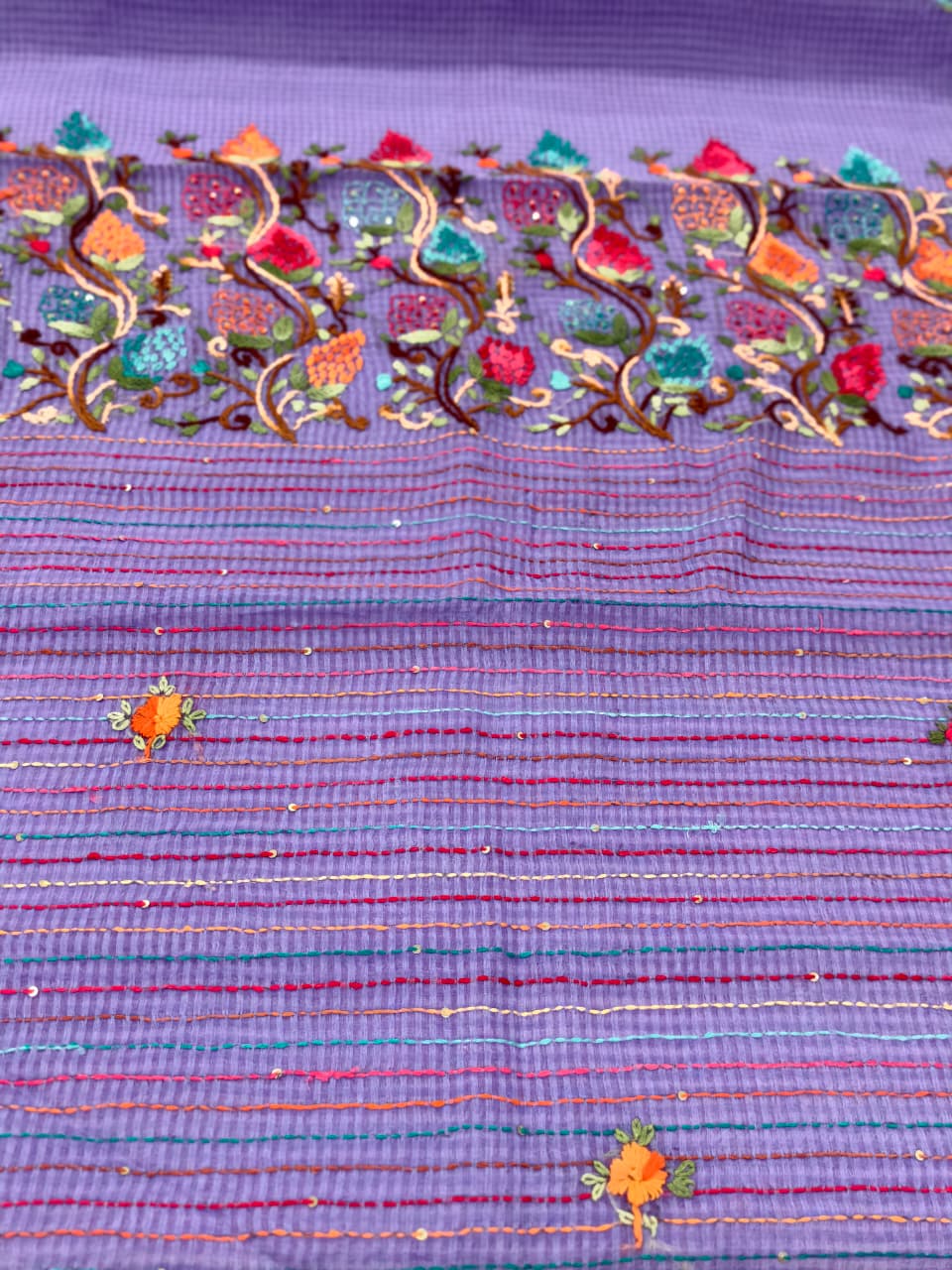 Lavender Blue Cotton Kota – Hand Bullion Parsi & Kantha Work