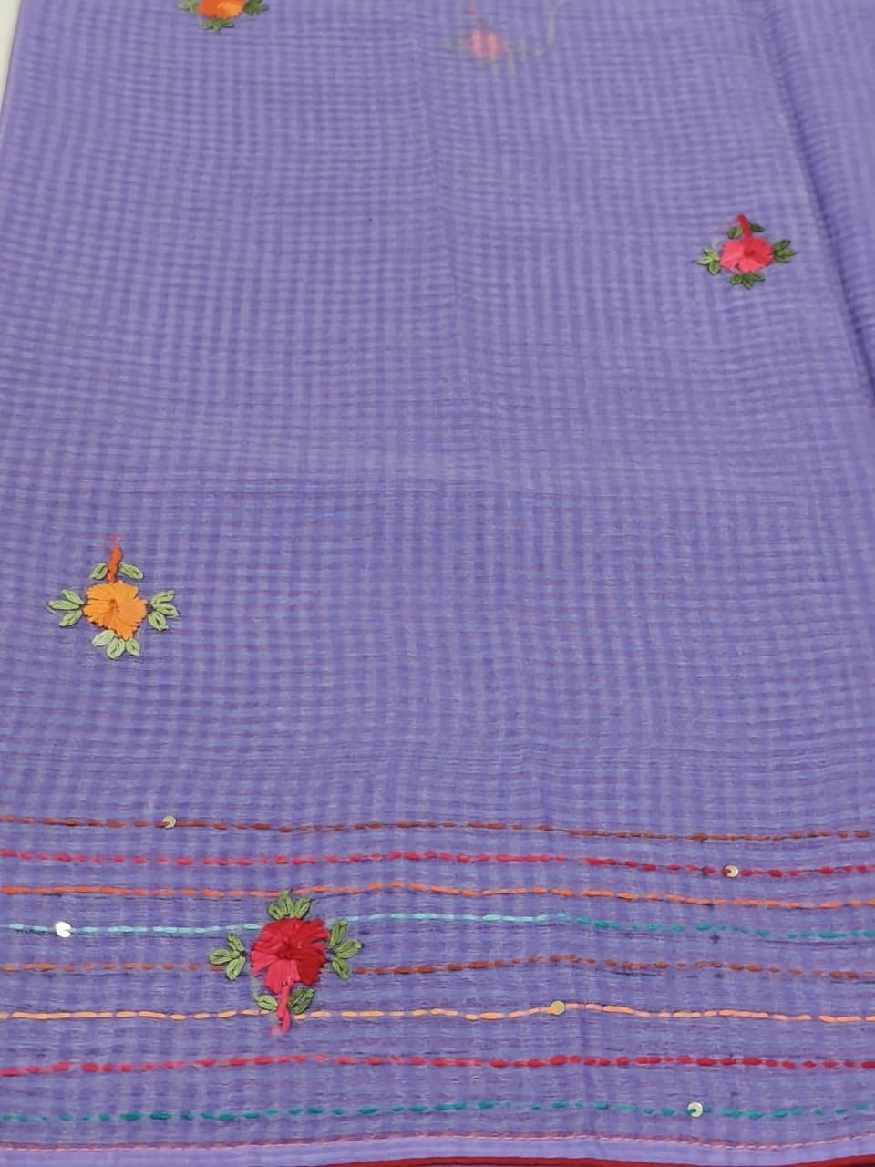 Lavender Blue Cotton Kota – Hand Bullion Parsi & Kantha Work