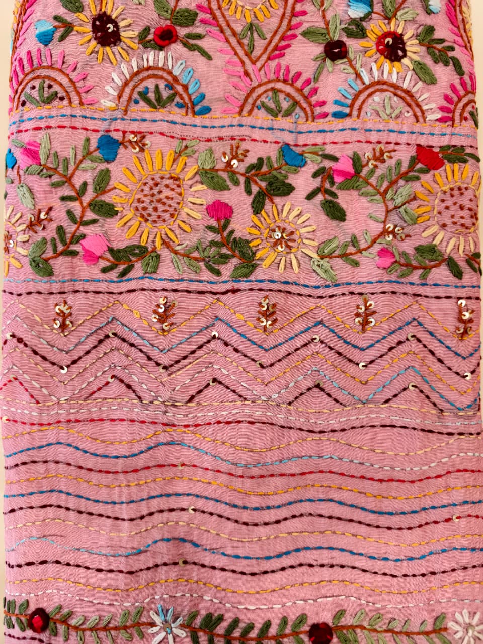 Blush Pink Chanderi – Hand Bullion Parsi & Kantha Work