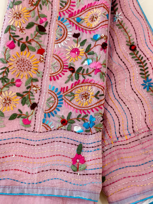 Blush Pink Chanderi – Hand Bullion Parsi & Kantha Work