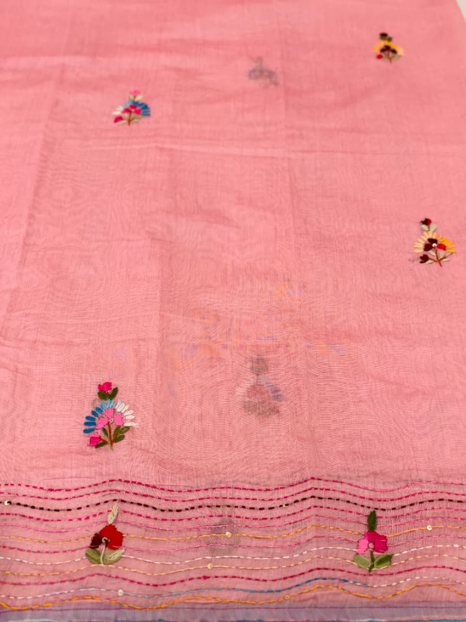 Blush Pink Chanderi – Hand Bullion Parsi & Kantha Work