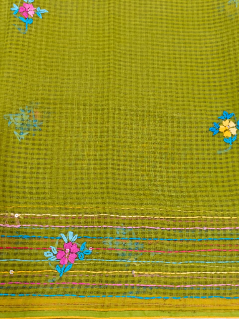 Mehendi Green Kota Cotton Saree with Hand Bullion Parsi & Kantha Embroidery