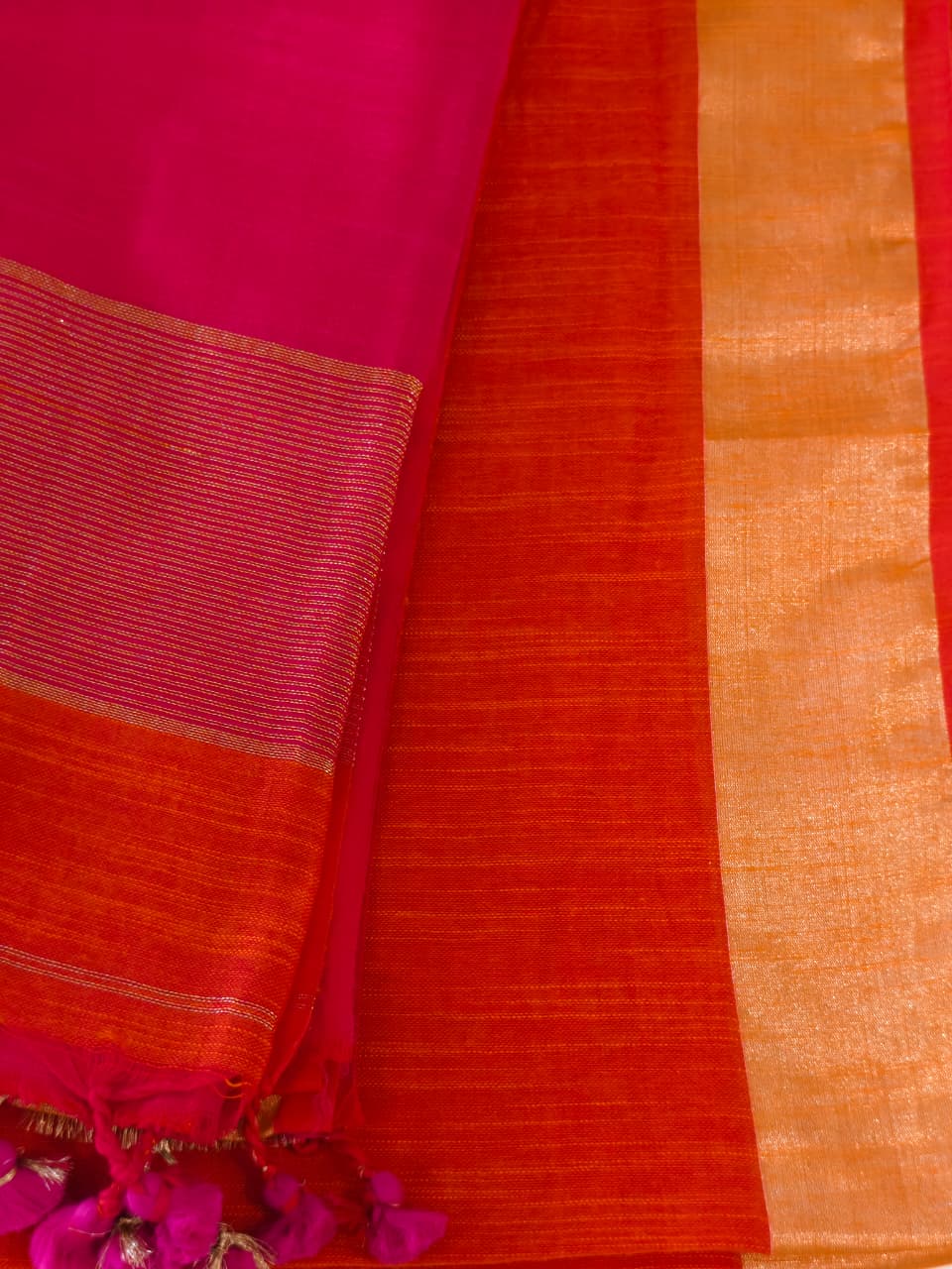 Saffron & Magenta Soft Cotton Saree with Zari Stripes