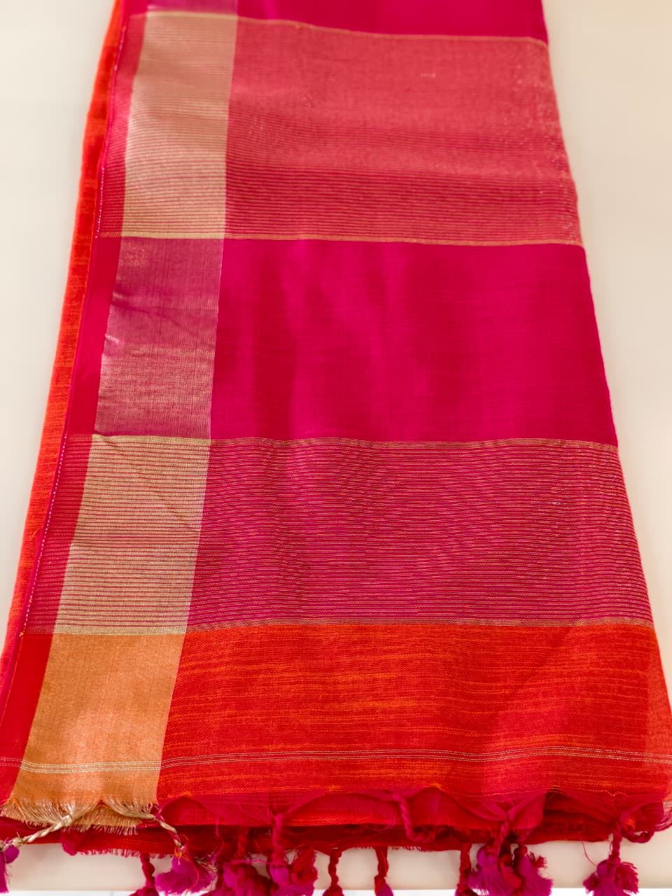 Saffron & Magenta Soft Cotton Saree with Zari Stripes