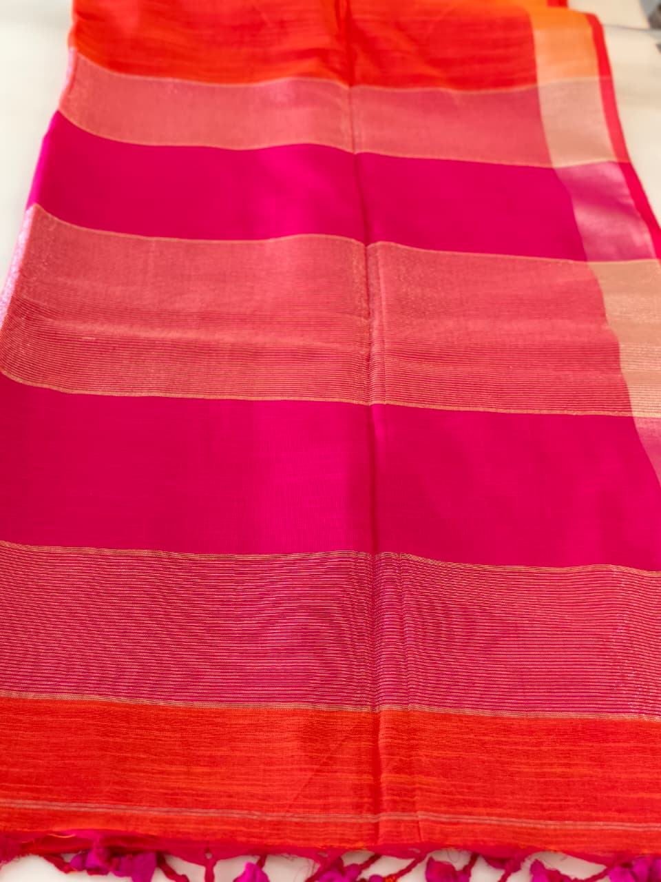 Saffron & Magenta Soft Cotton Saree with Zari Stripes