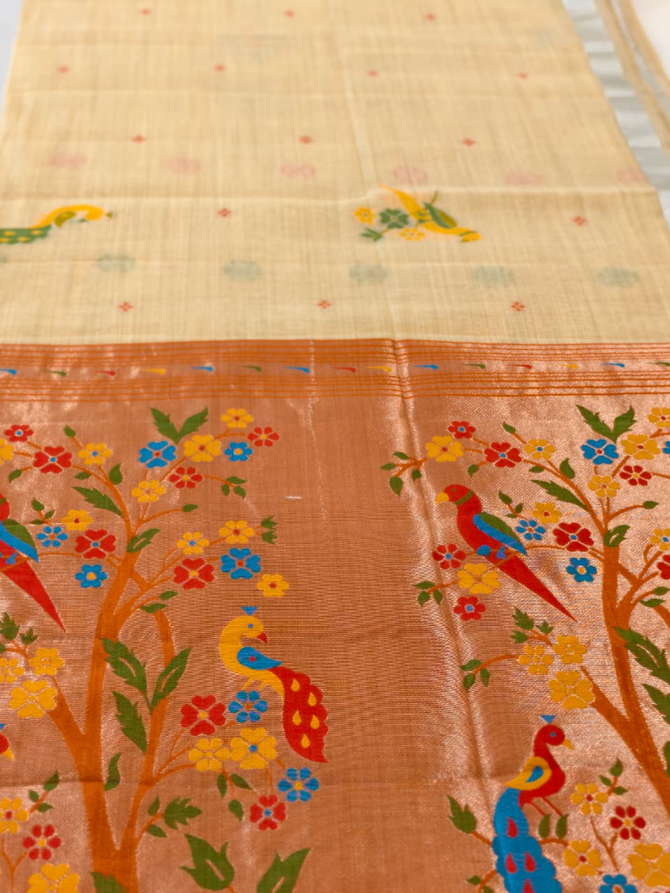 Lemon Yellow Linen Saree with Multicoloured Paithini inspired Pallu and Border