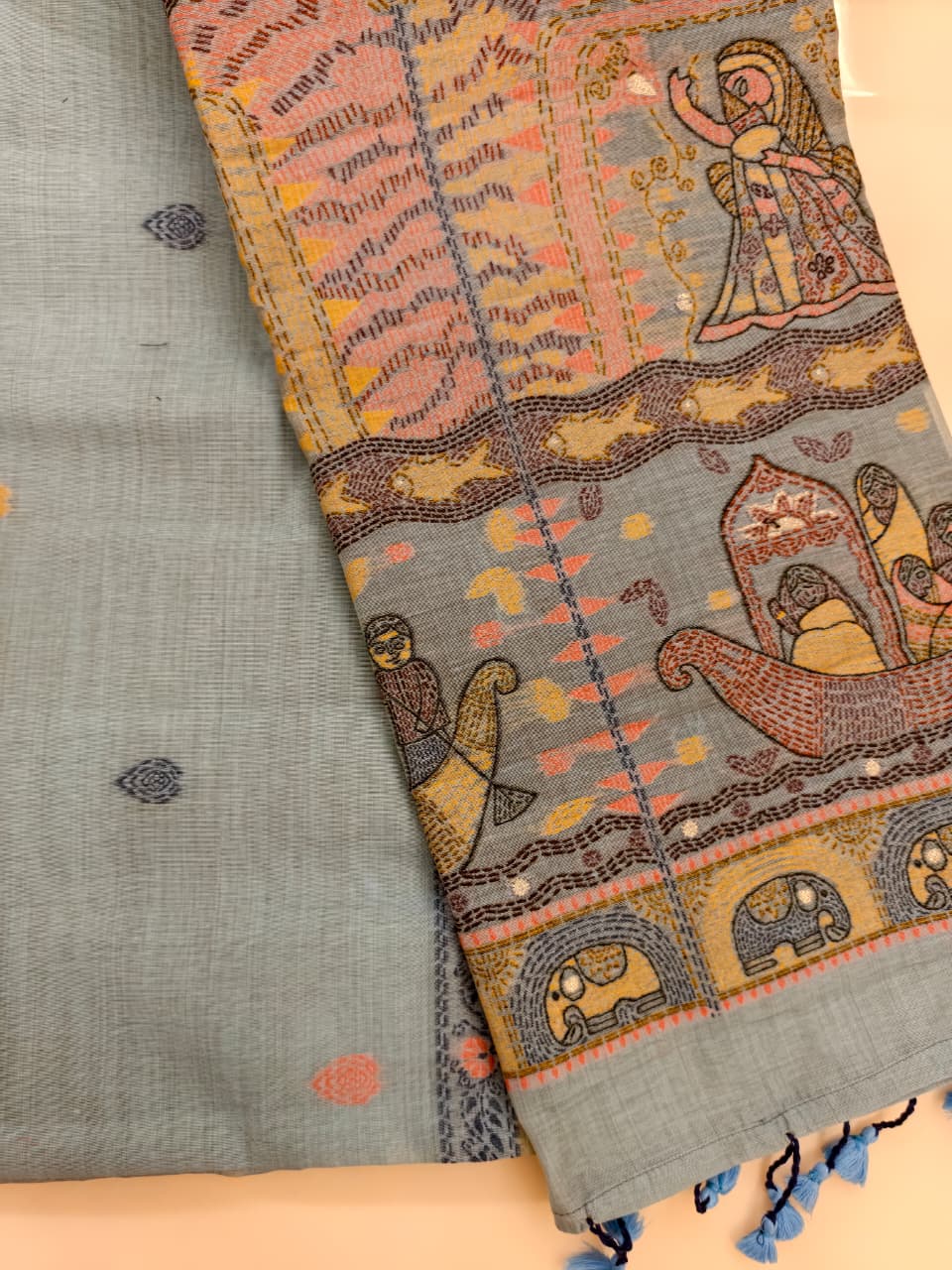 Slate blue Madhubani inspired village theme woven saree