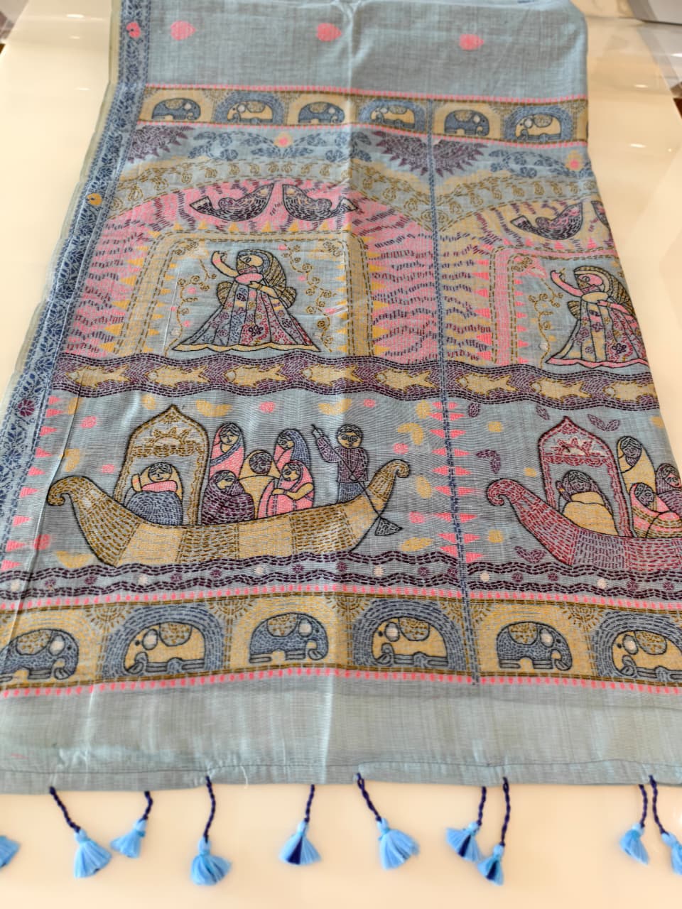 Slate blue Madhubani inspired village theme woven saree