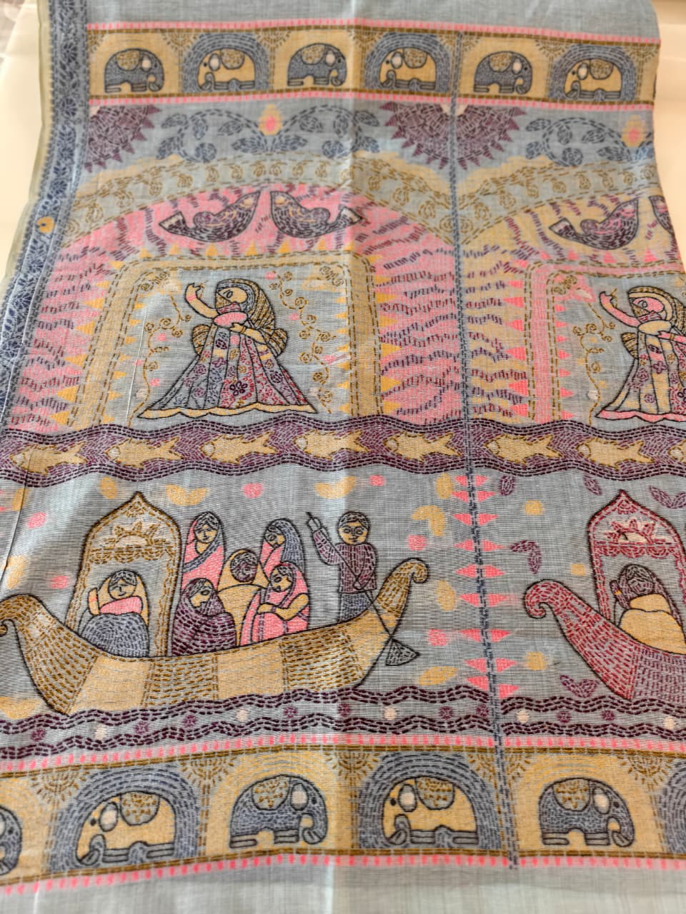 Slate blue Madhubani inspired village theme woven saree