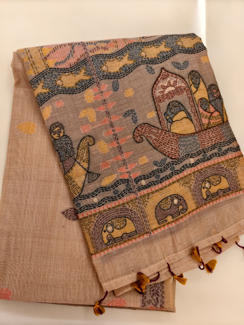 Rose Beige Madhubani inspired village theme woven saree