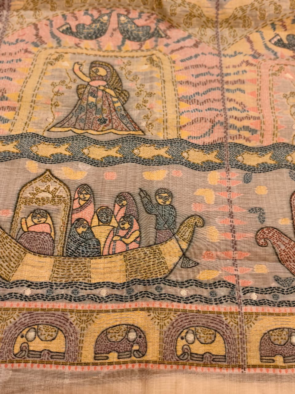 Rose Beige Madhubani inspired village theme woven saree