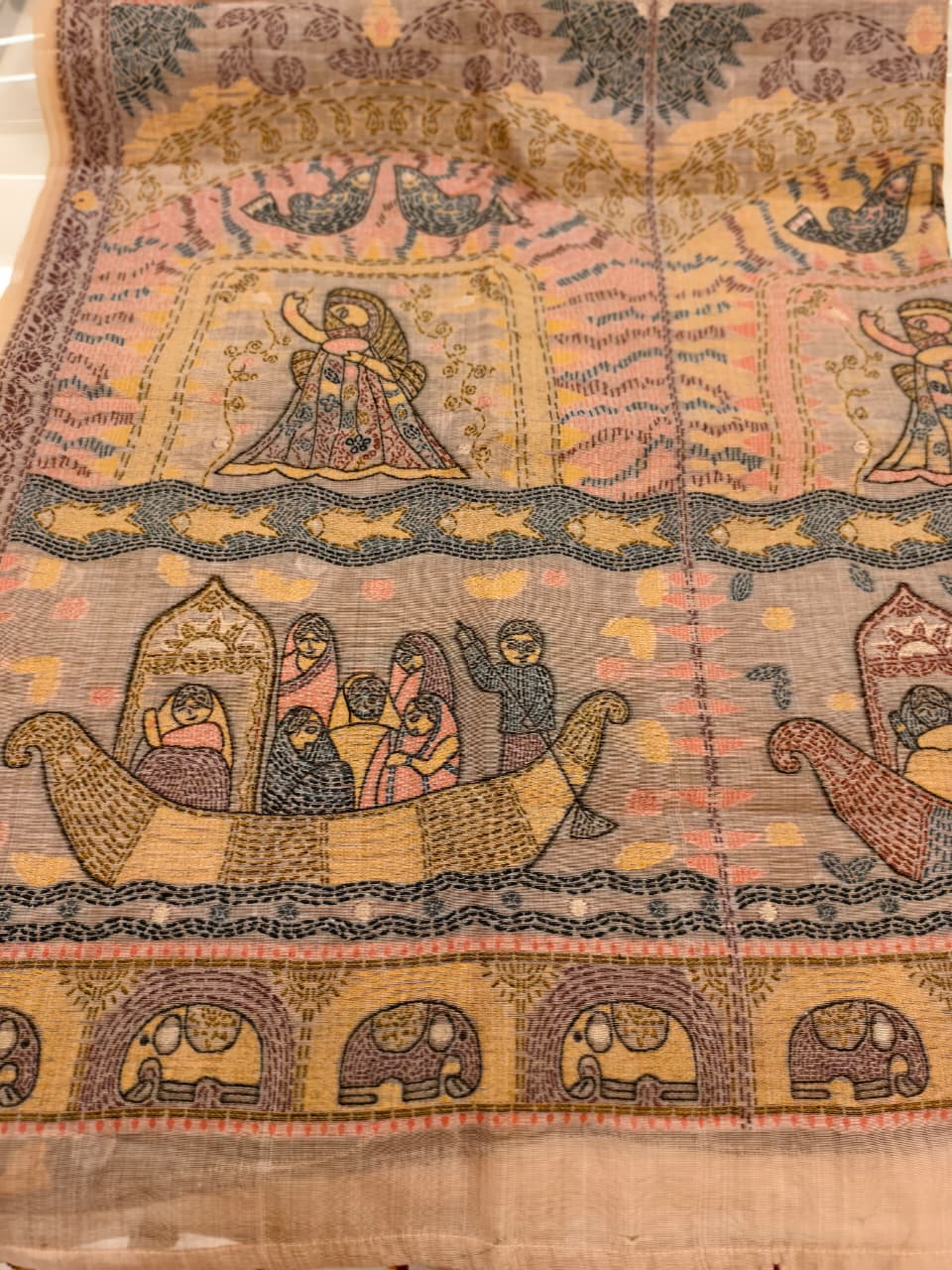 Rose Beige Madhubani inspired village theme woven saree