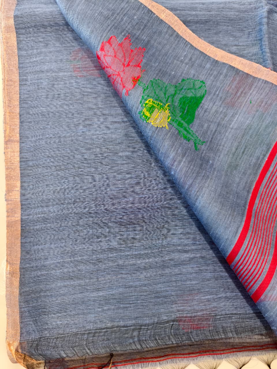Slate Blue Silk Linen Jamdani Saree with Floral Motifs