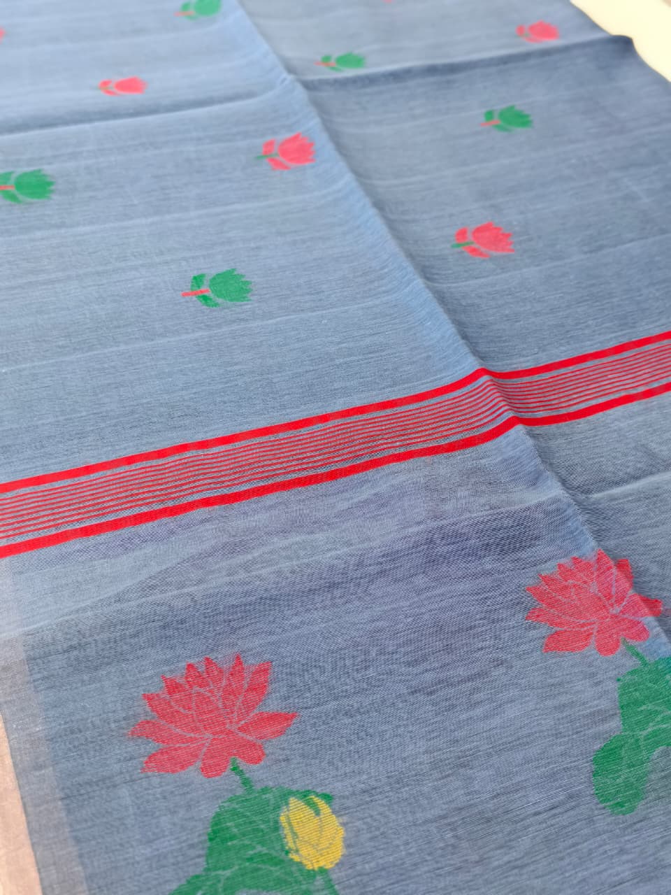 Slate Blue Silk Linen Jamdani Saree with Floral Motifs