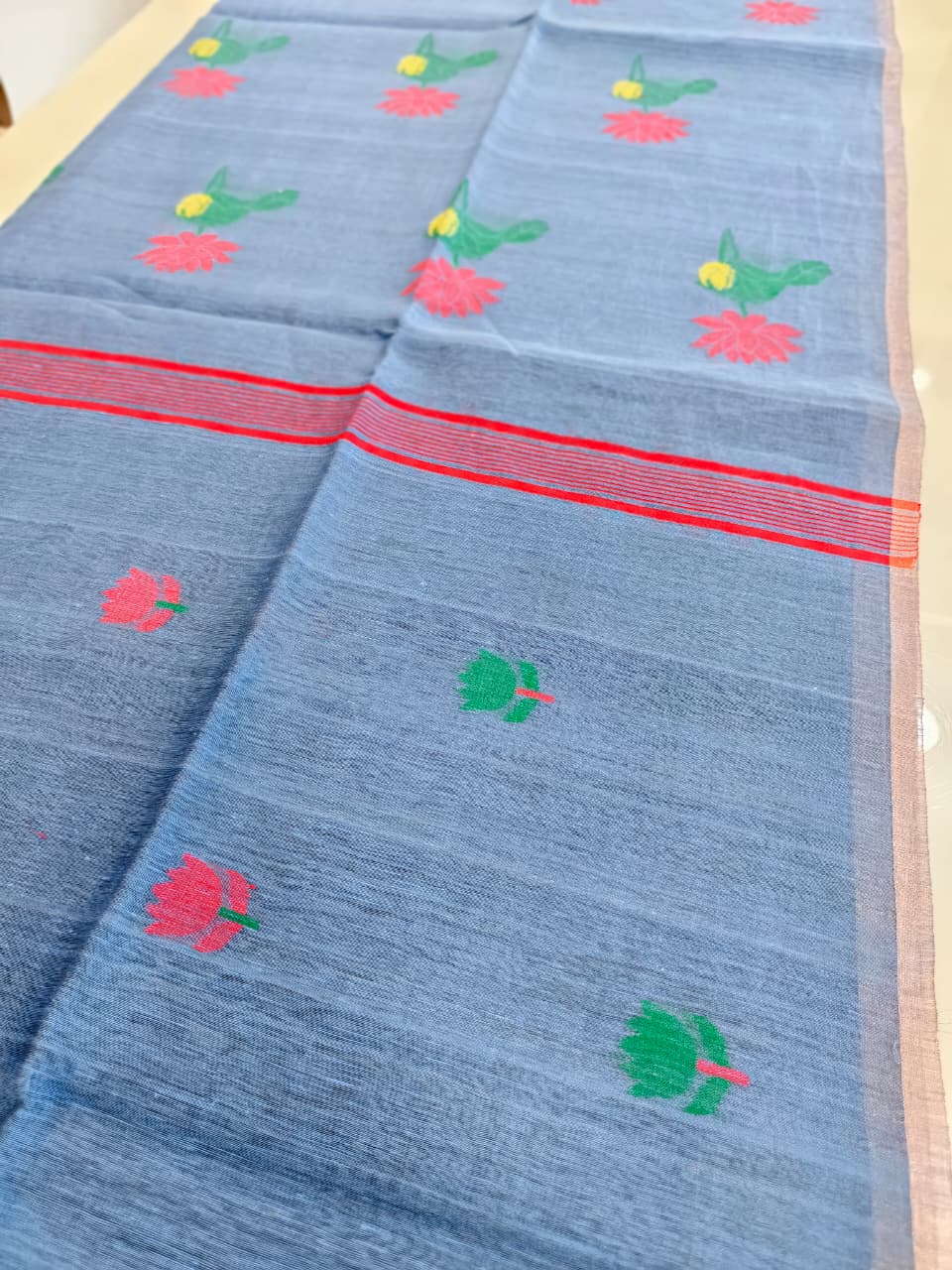 Slate Blue Silk Linen Jamdani Saree with Floral Motifs