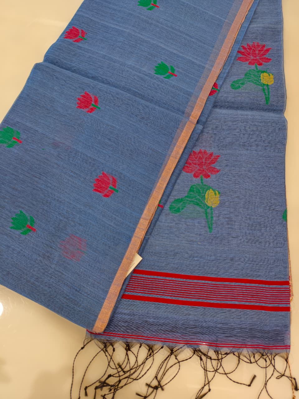 Slate Blue Silk Linen Jamdani Saree with Floral Motifs