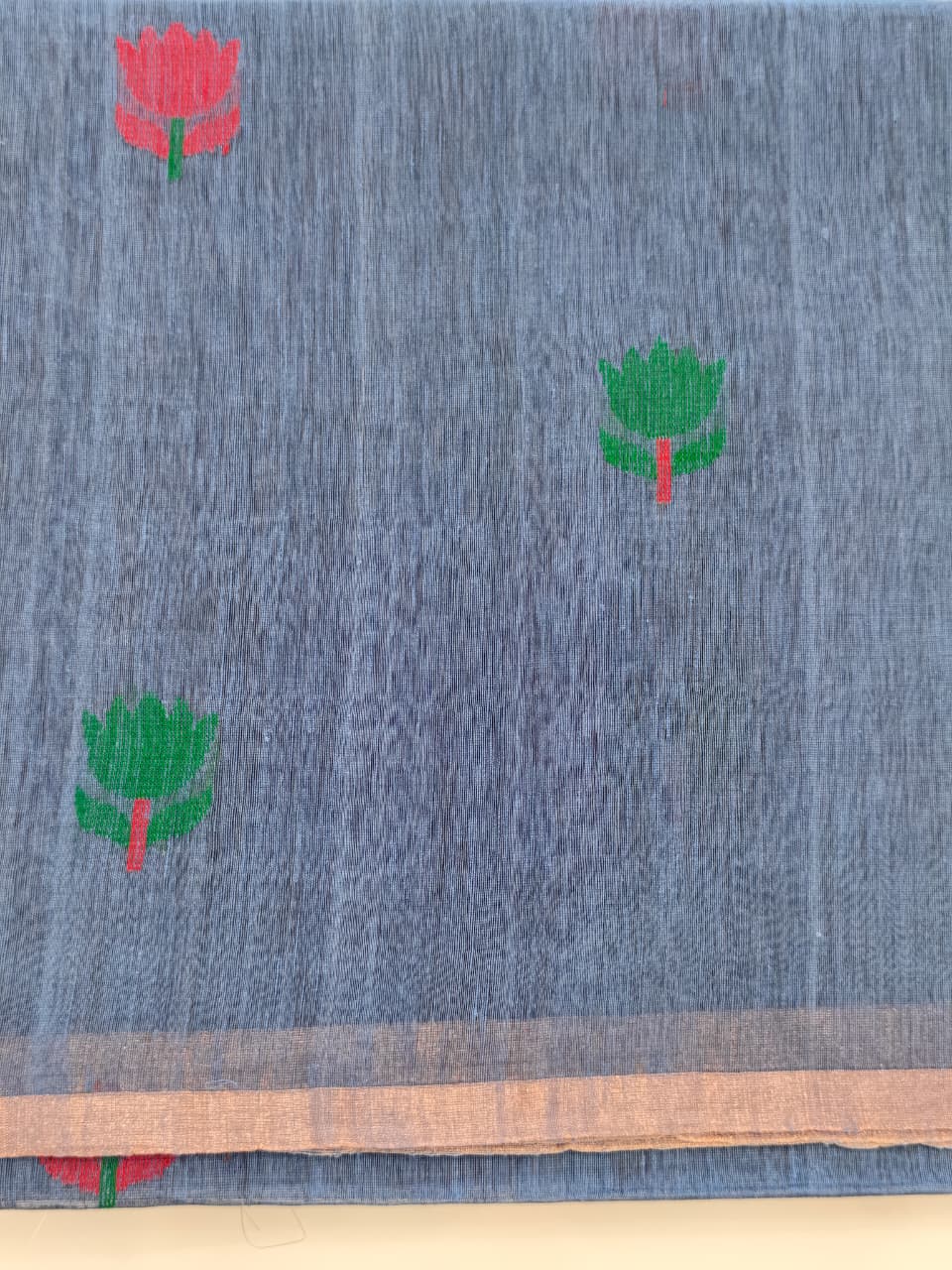 Slate Blue Silk Linen Jamdani Saree with Floral Motifs