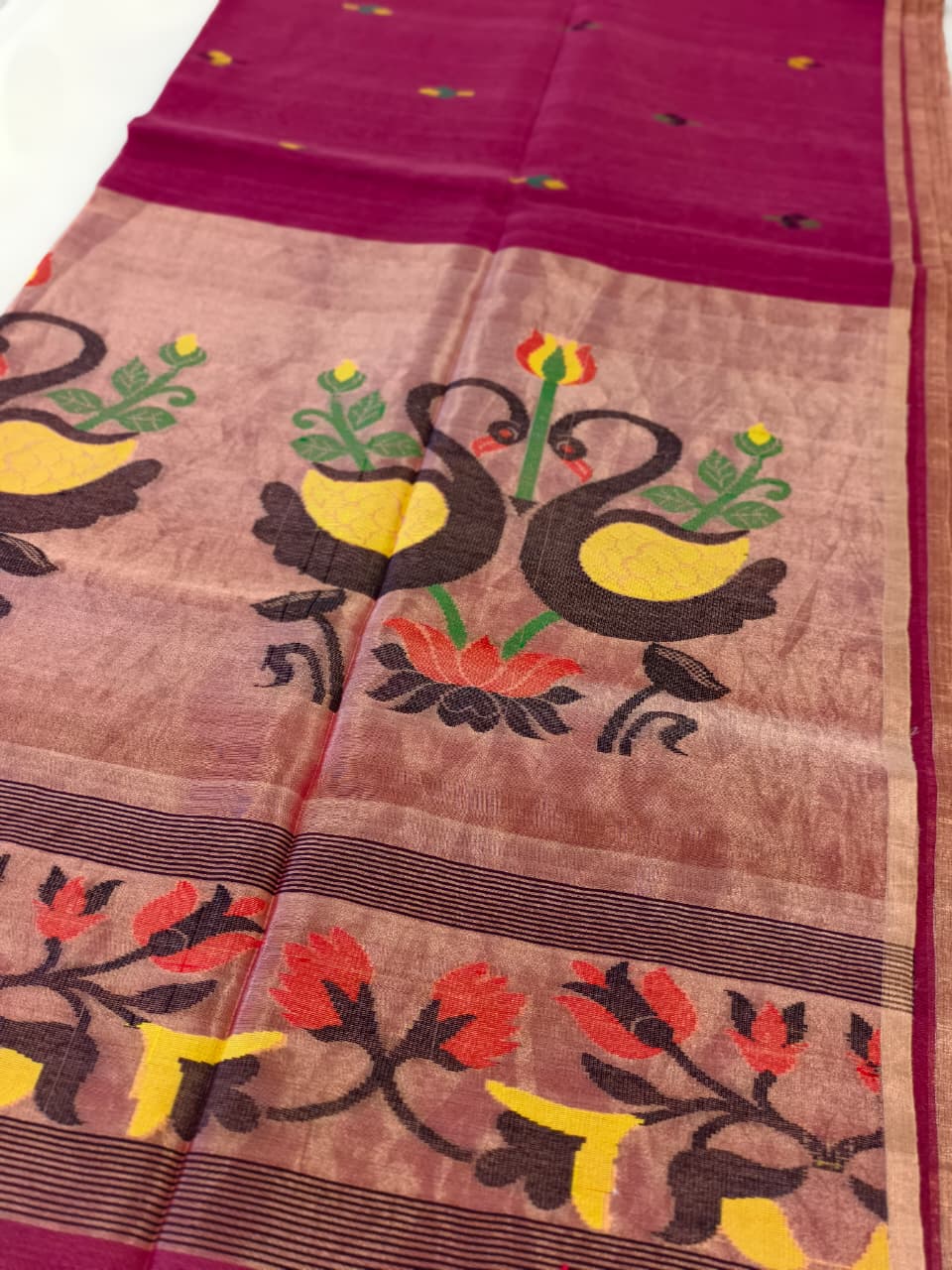 Deep Rose Pink Linen Jamdani Saree