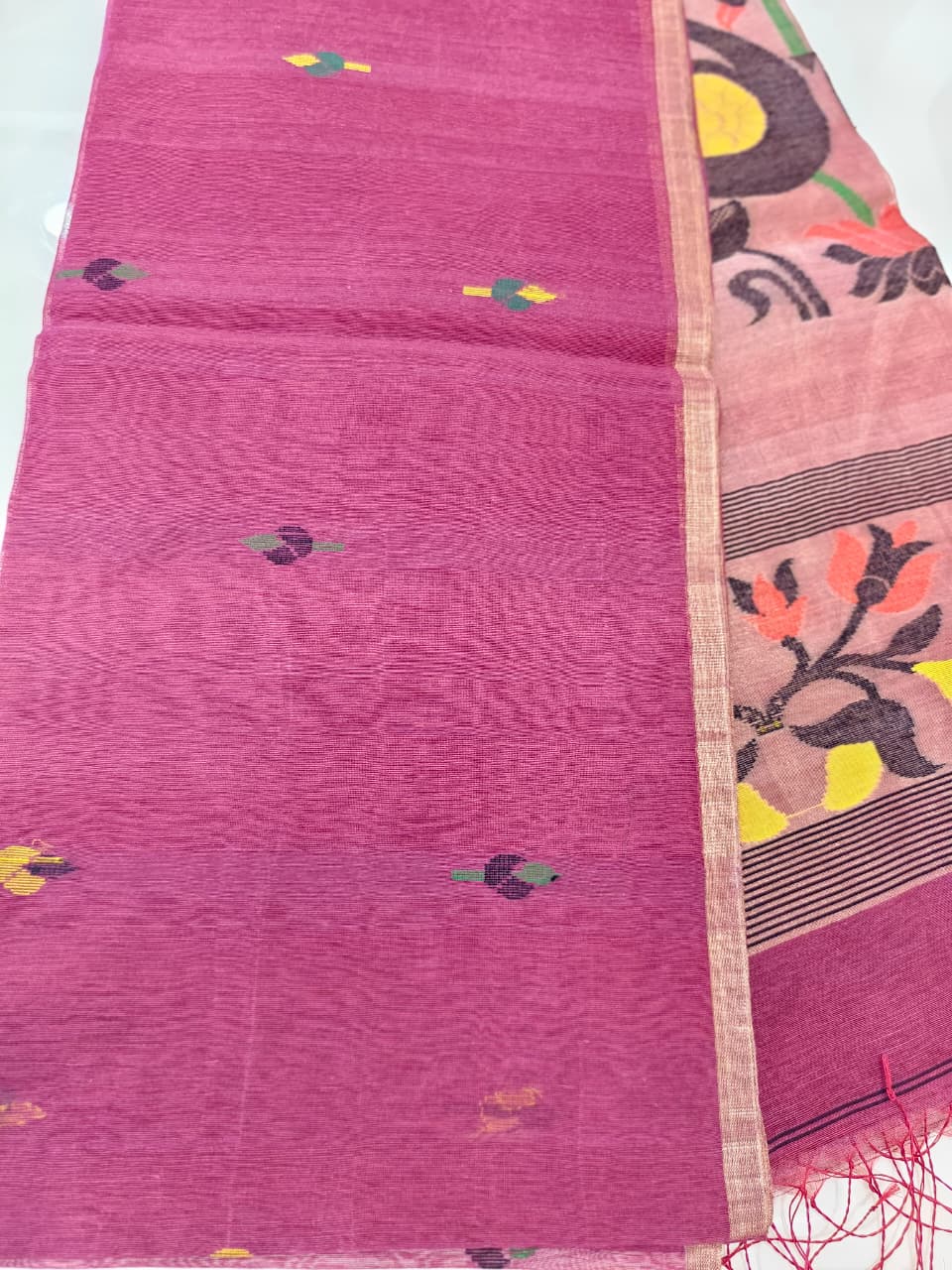 Deep Rose Pink Linen Jamdani Saree