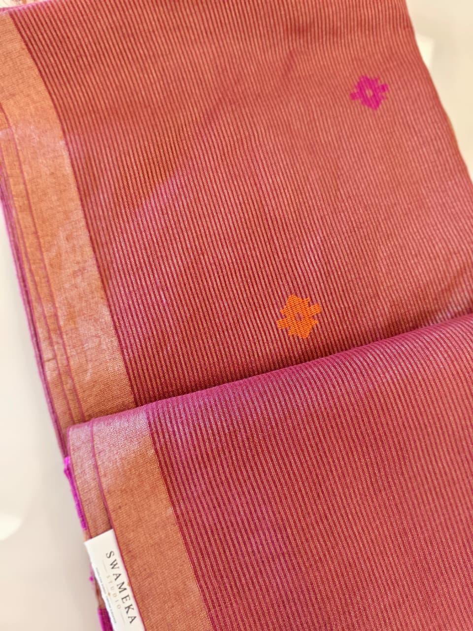 Dusty Rose Pink Silk Tissue Linen Jamdani Saree
