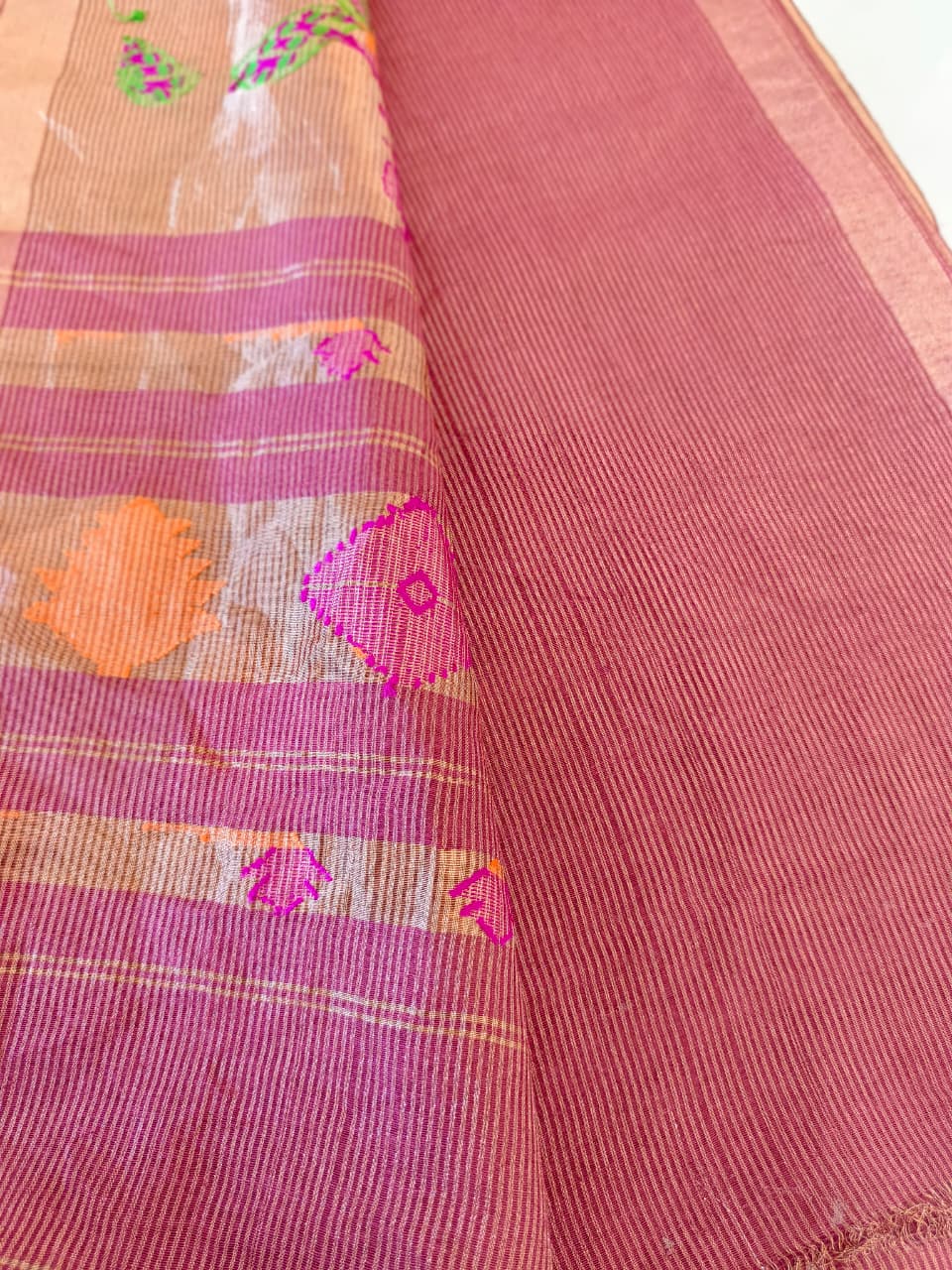 Dusty Rose Pink Silk Tissue Linen Jamdani Saree