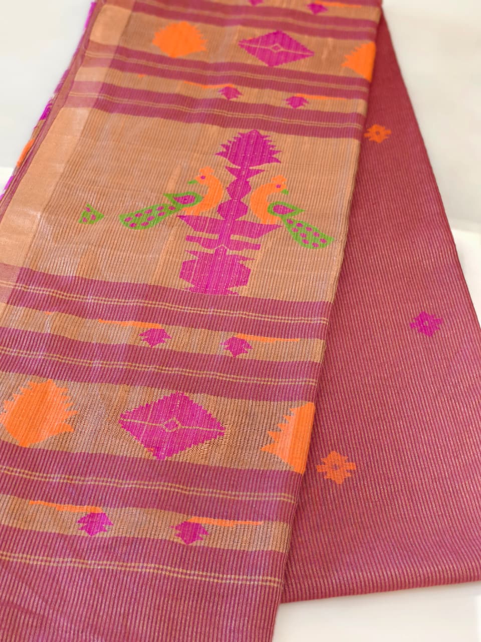 Dusty Rose Pink Silk Tissue Linen Jamdani Saree