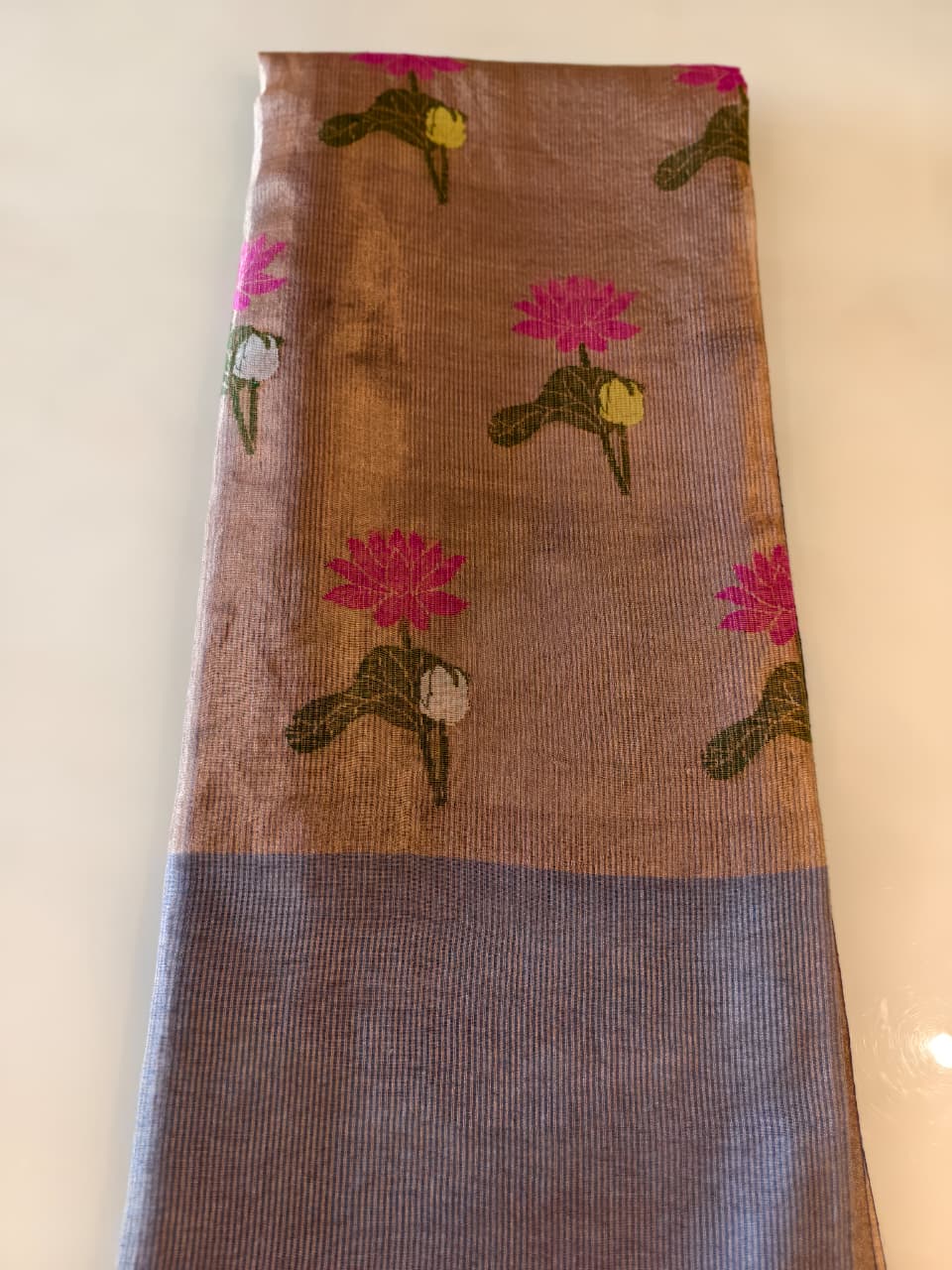 Steel Grey Silk Linen Jamdani Saree with Golden Zari Pallu with floral motifs