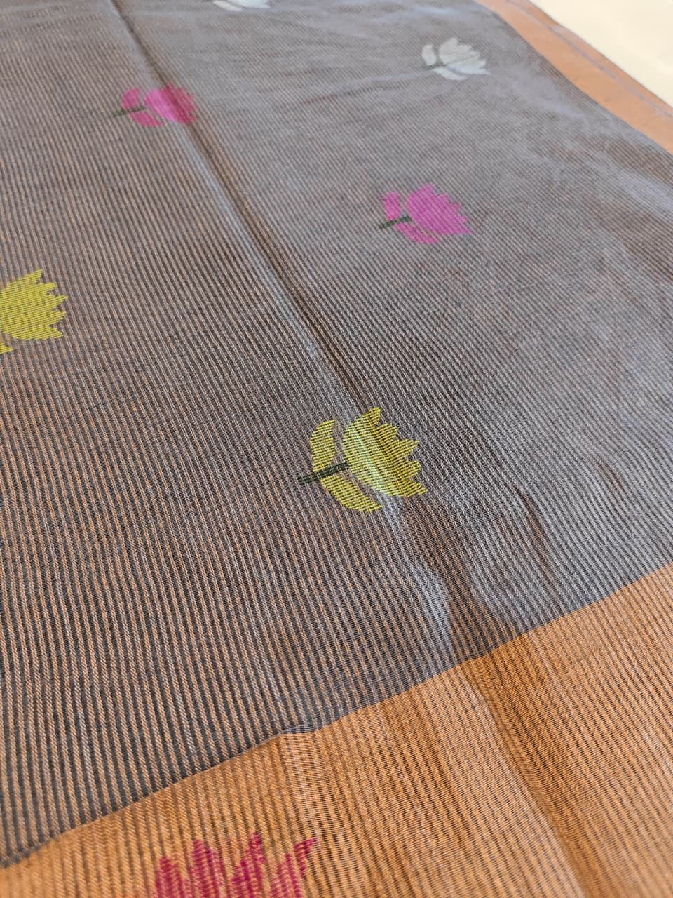 Steel Grey Silk Linen Jamdani Saree with Golden Zari Pallu with floral motifs