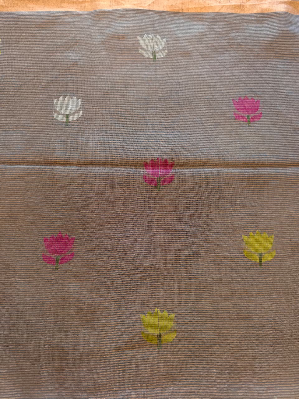 Steel Grey Silk Linen Jamdani Saree with Golden Zari Pallu with floral motifs