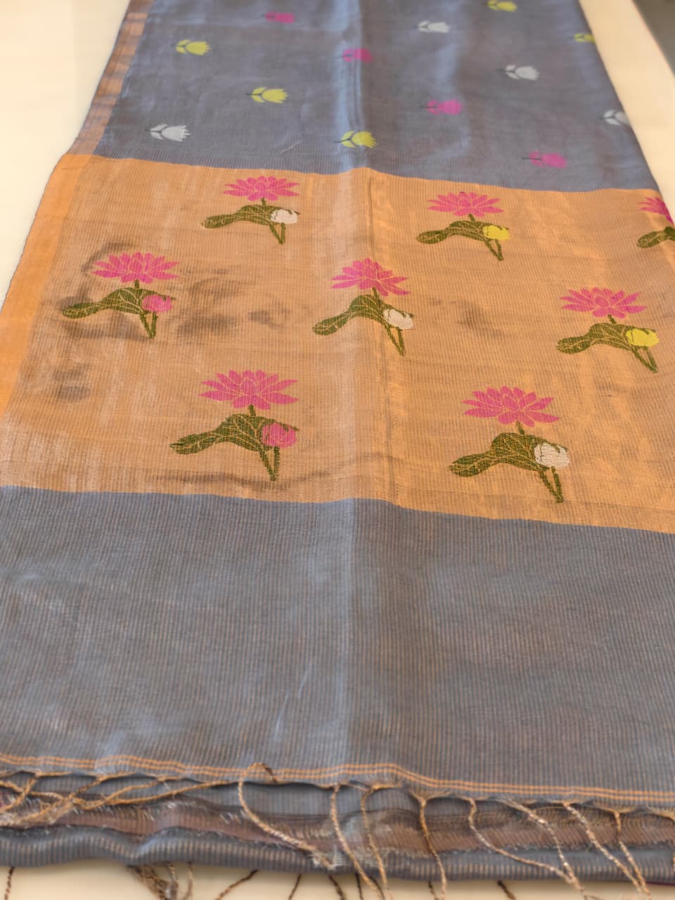 Steel Grey Silk Linen Jamdani Saree with Golden Zari Pallu with floral motifs