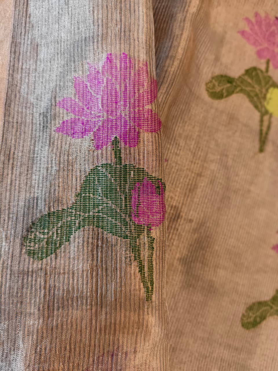 Steel Grey Silk Linen Jamdani Saree with Golden Zari Pallu with floral motifs