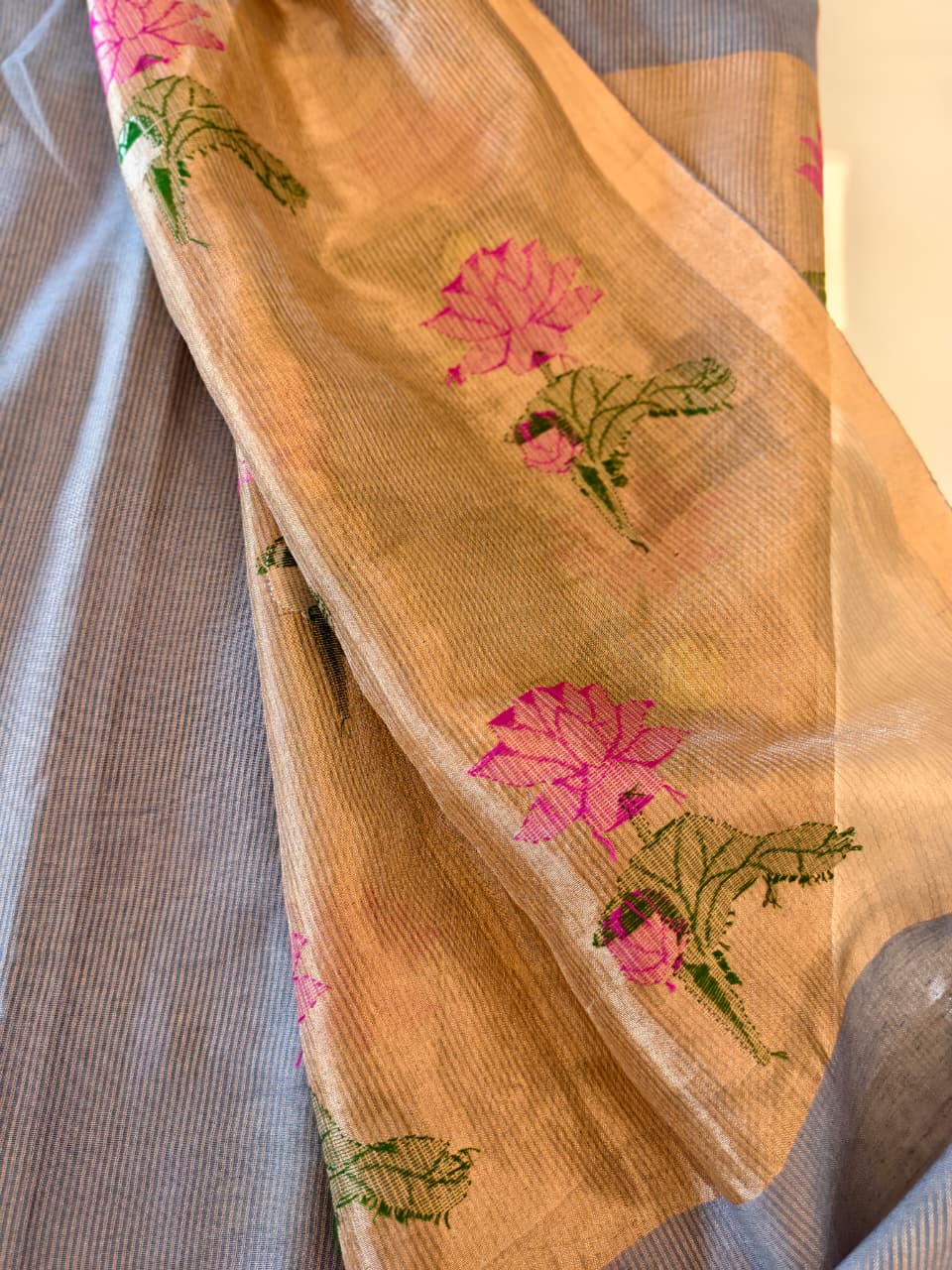 Steel Grey Silk Linen Jamdani Saree with Golden Zari Pallu with floral motifs
