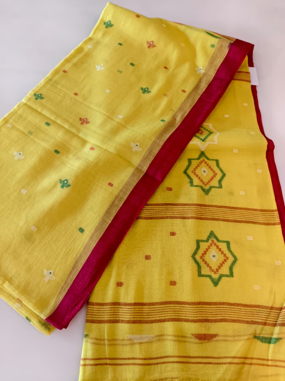 Sunshine Yellow Pure Handloom Muslin Cotton Jamdani Saree