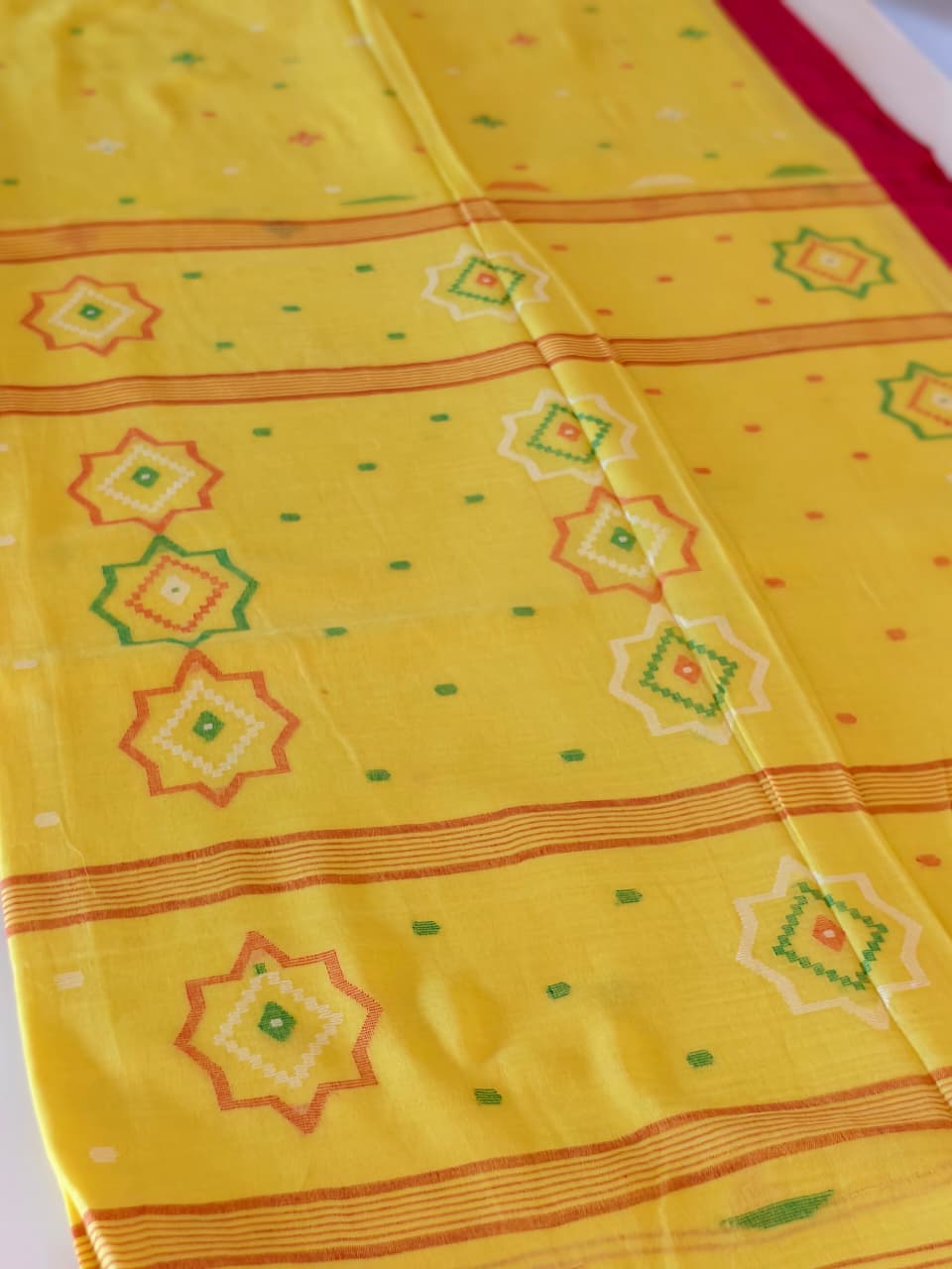 Sunshine Yellow Pure Handloom Muslin Cotton Jamdani Saree