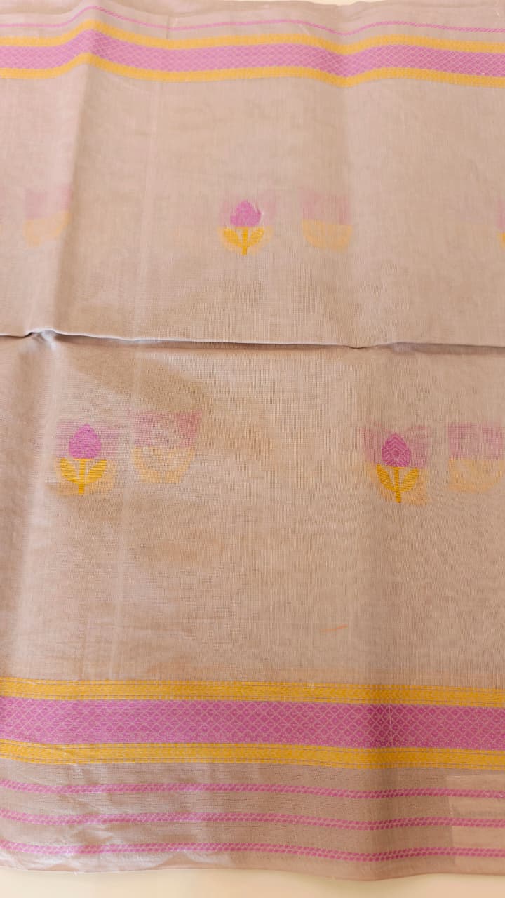 Pastel Blush Pink Pure Cotton Saree with Pink & Golden Floral Motifs and Contrast Border