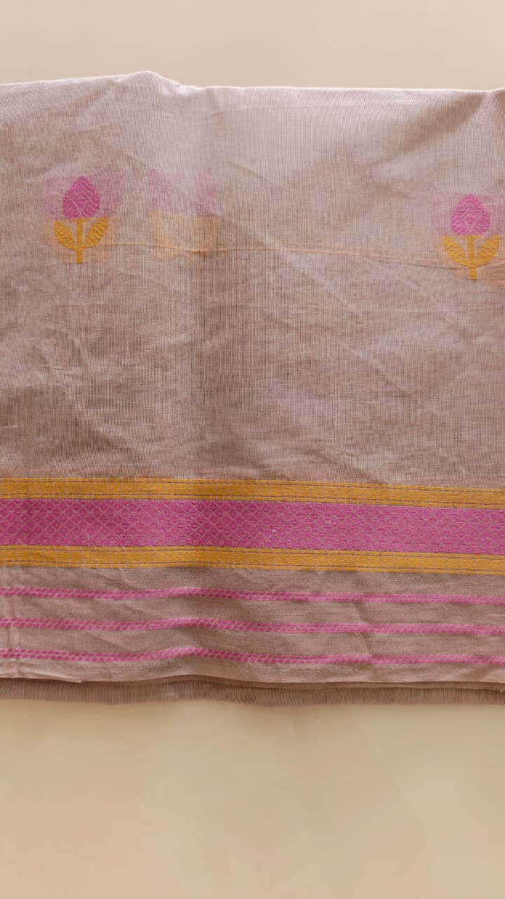 Pastel Blush Pink Pure Cotton Saree with Pink & Golden Floral Motifs and Contrast Border